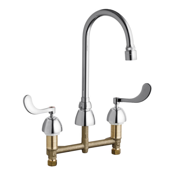 A chrome Chicago Faucets deck-mounted faucet with a gooseneck spout and levers.