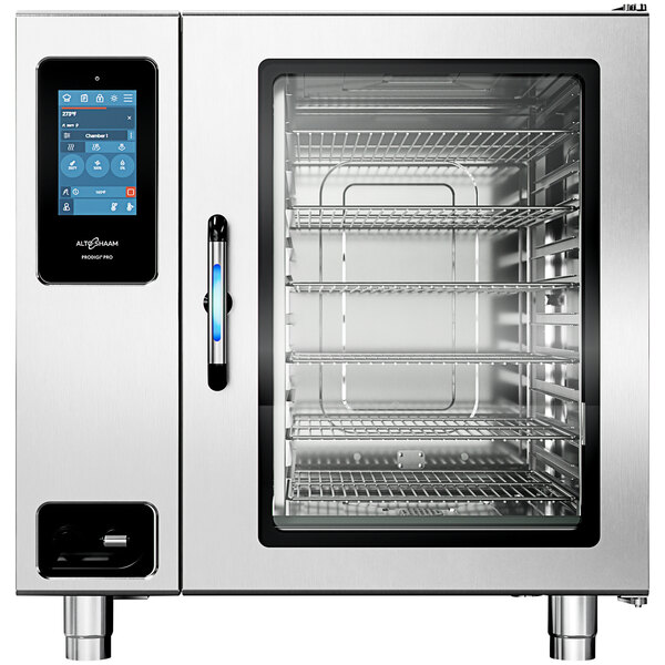 A stainless steel Alto-Shaam combi oven with a digital display.