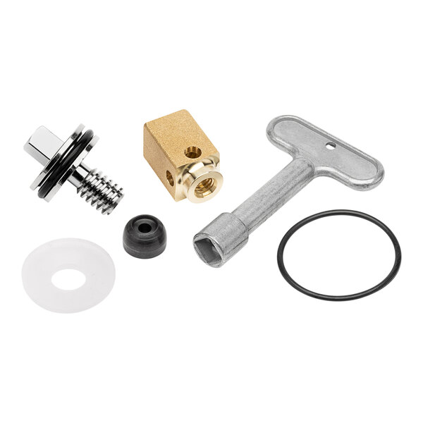 A Zurn wall hydrant repair kit with a valve, screw, and rubber seal.