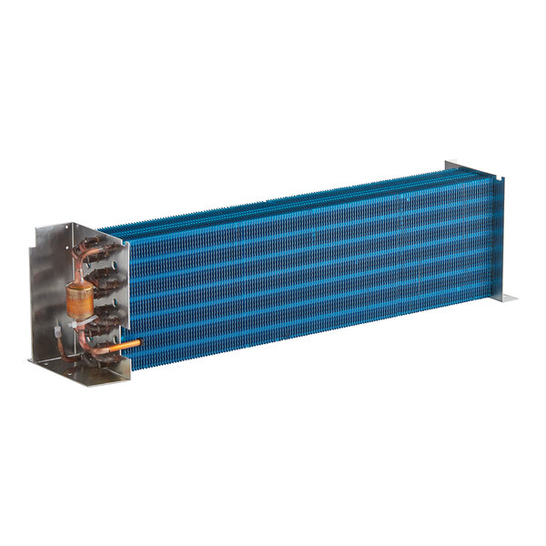 A blue and silver Main Street Equipment evaporator coil with a blue and black grid.