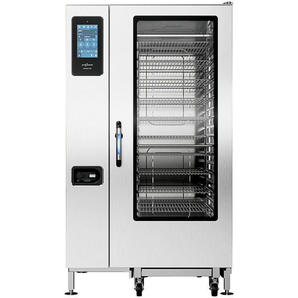 An Alto-Shaam stainless steel combi oven with a glass door.