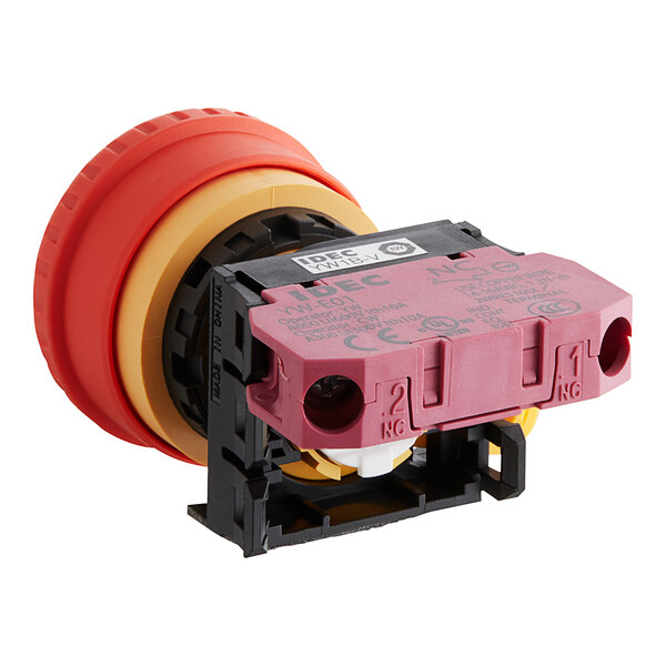 An Estella emergency stop switch with a red and yellow push button and handle.