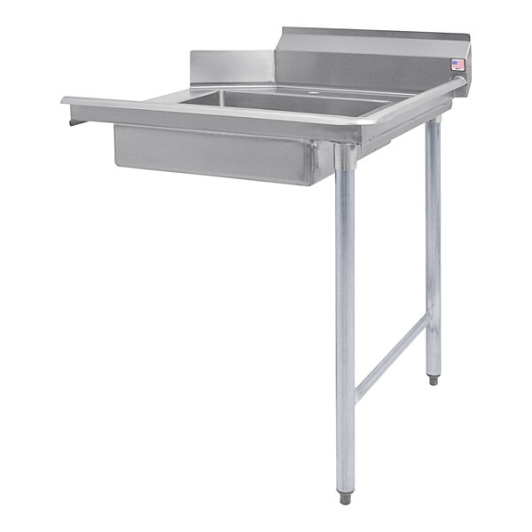 A stainless steel Eagle Group dishtable with a metal frame and right side drain.