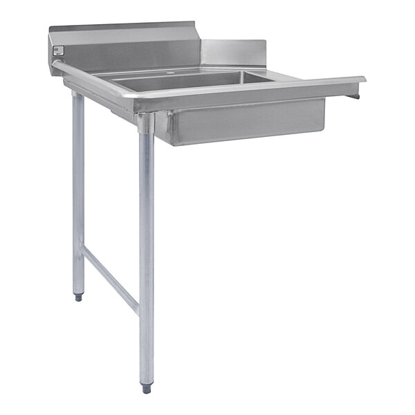 A stainless steel Eagle Group dishtable with a drain on the left side.