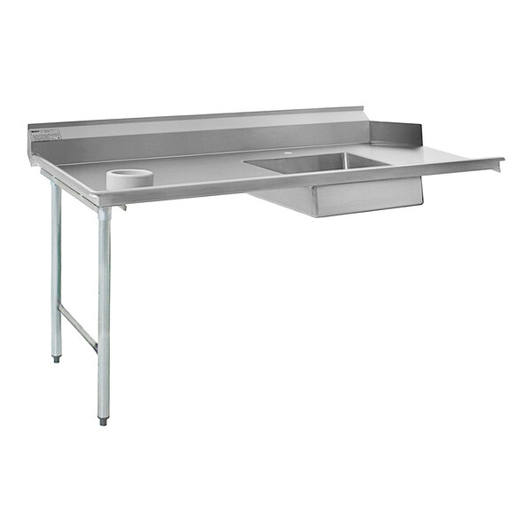 An Eagle Group stainless steel dishtable with a drain on the left.