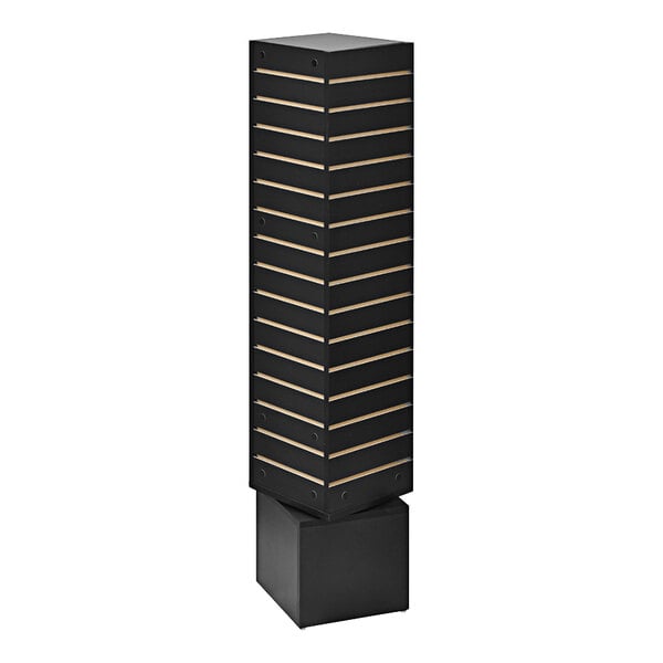 A black tower with wooden shelves.