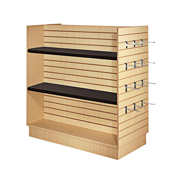 A maple melamine H-shape slatwall merchandiser with black shelves.