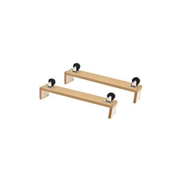 A pair of wooden shelves with wheels attached to them.