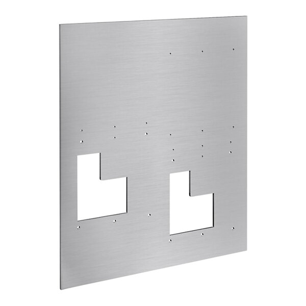 A stainless steel back panel with two holes in it.