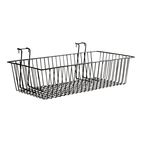 A black wire multi-purpose grid basket with two hooks.
