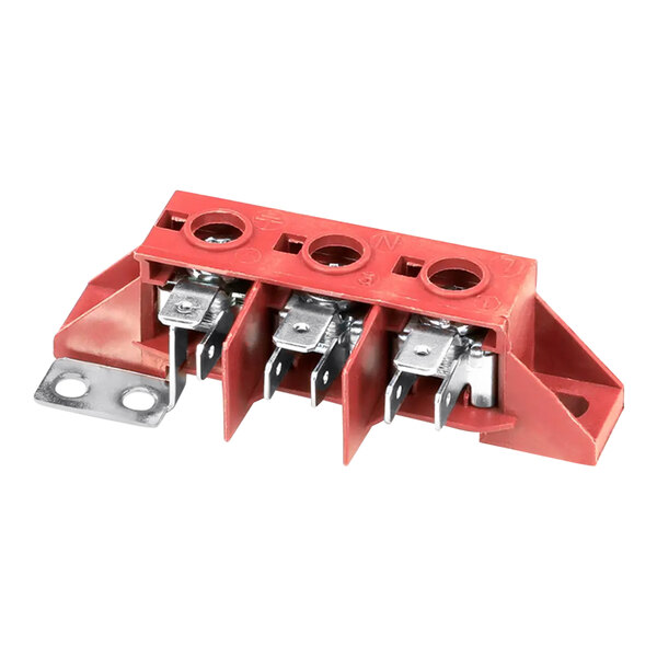 A red Moffat 3 pole terminal block with metal connectors.