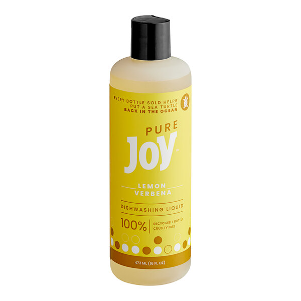 A bottle of JoySuds Pure Joy Lemon Verbena dishwashing liquid with a black cap and yellow label with white text.