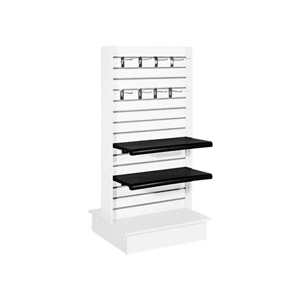 A white wood double-sided slatwall display with black slatwall shelves.