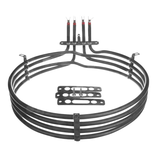 A circular black metal Moffat oven element with four wires.
