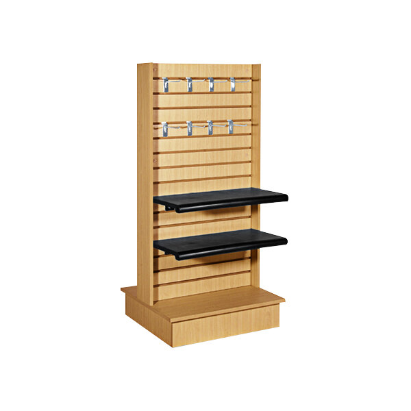 A Maple wood double-sided slatwall merchandiser with hooks on the shelves.