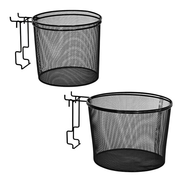 A pair of black multi-purpose round mesh baskets with hooks.