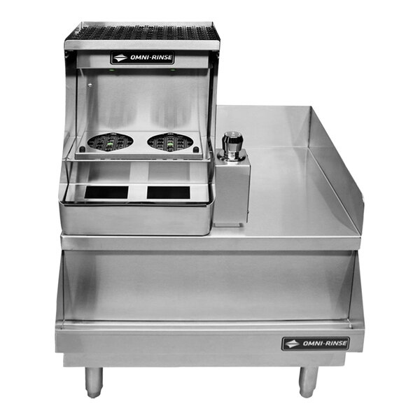 A stainless steel Omni-Rinse bar tool rinse station on a stainless steel counter.