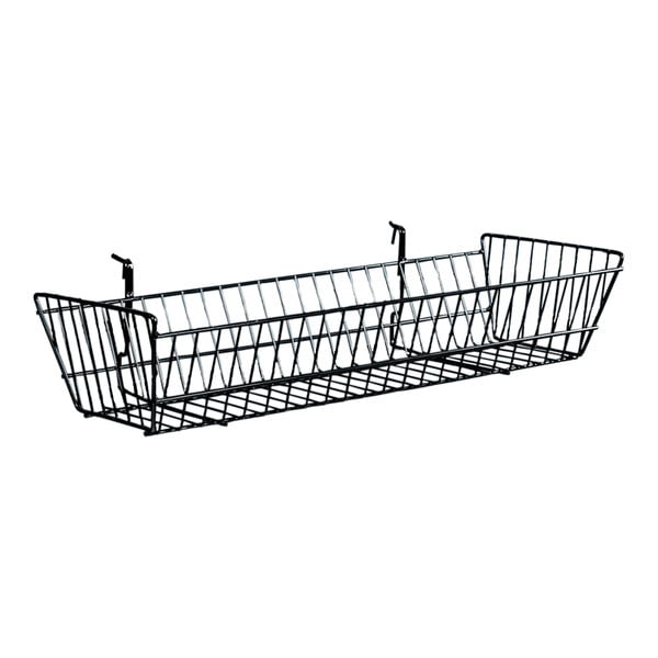 A 24" x 10" x 5" black wire basket with a handle.