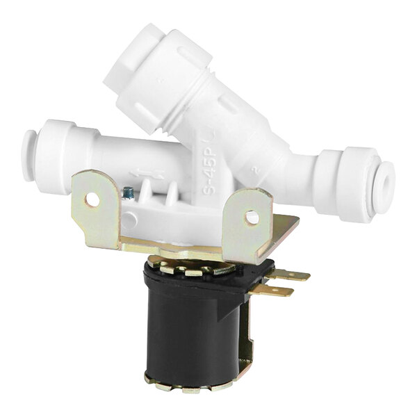 A white Elkay solenoid valve with a black cap.