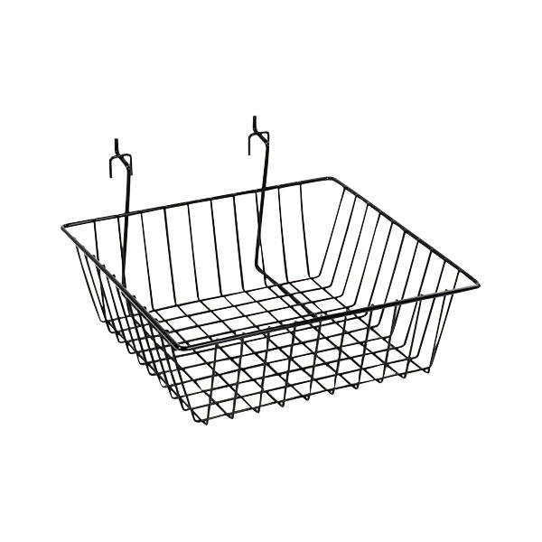 A black wire multi-purpose grid basket for slatwall.