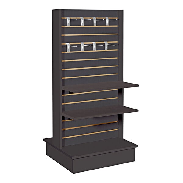 A black double-sided slatwall merchandiser with shelves.