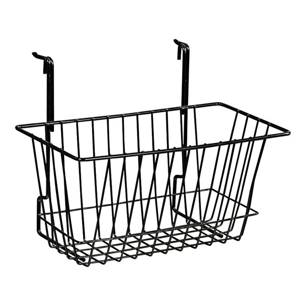 A black wire multi-purpose basket for slatwall with a handle.