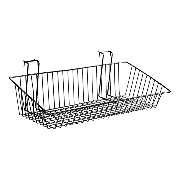 A black wire slanted basket with two hooks.