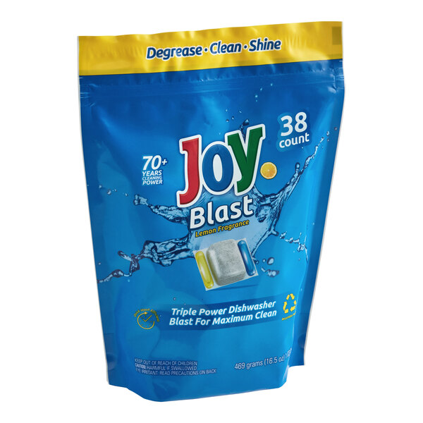 A blue bag of JoySuds Joy Blast dishwasher pacs with a yellow label.