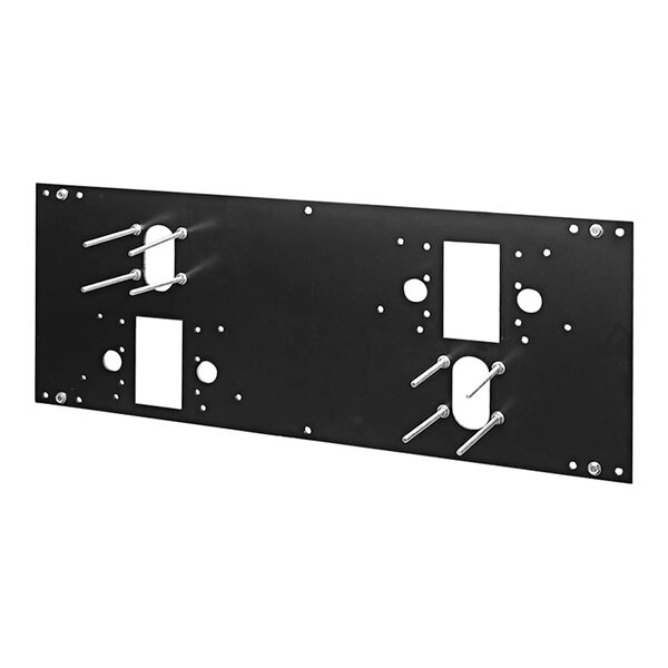 A black metal rectangular Elkay in-wall mounting plate with two holes.