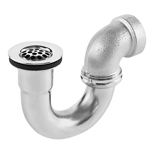 An Elkay stainless steel drain assembly with a silver drain pipe.