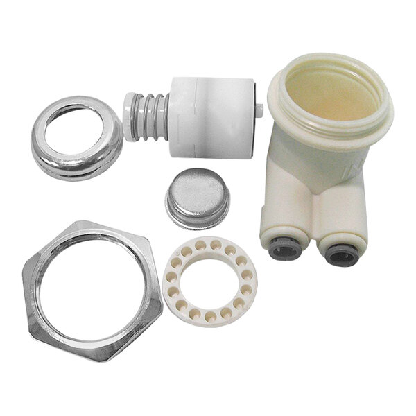 A white plastic plumbing kit for an Elkay drinking fountain with nuts and bolts, a white pipe, and a silver ring with a hole.