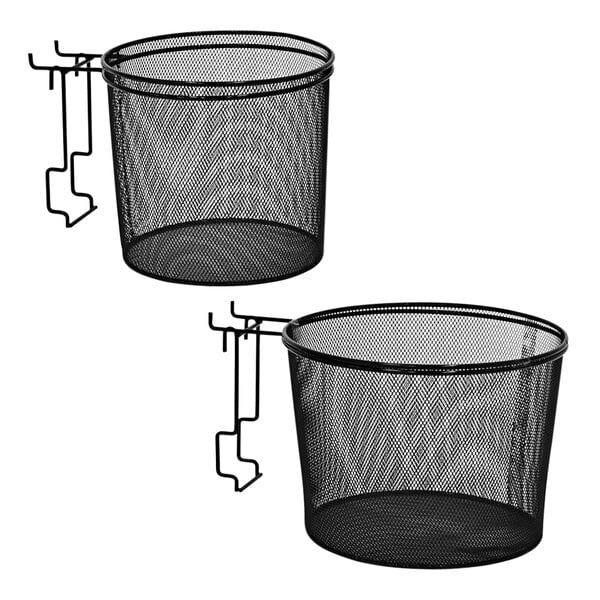 A pair of black multi-purpose round mesh baskets with hooks.