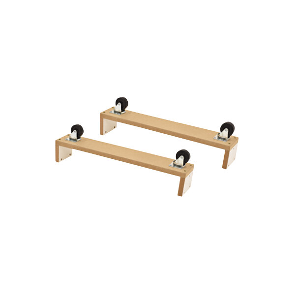 A pair of wooden shelves with wheels attached to the bottom.