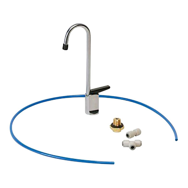 An Elkay gooseneck faucet with a curved metal tube and a blue tube.