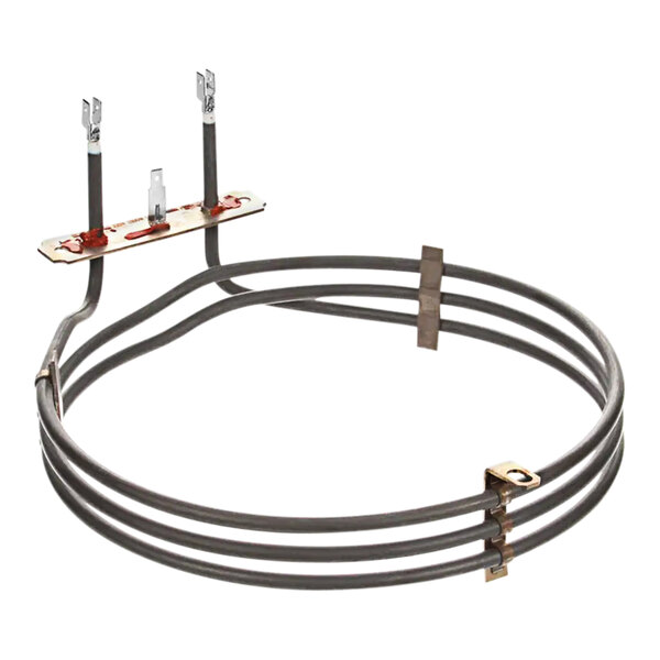 A circular metal oven element with two wires attached.