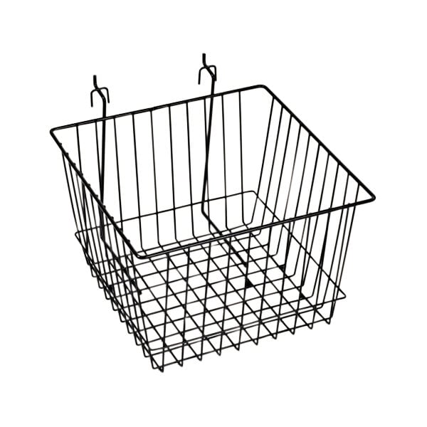 A black wire multi-purpose grid basket for slatwall with a handle.