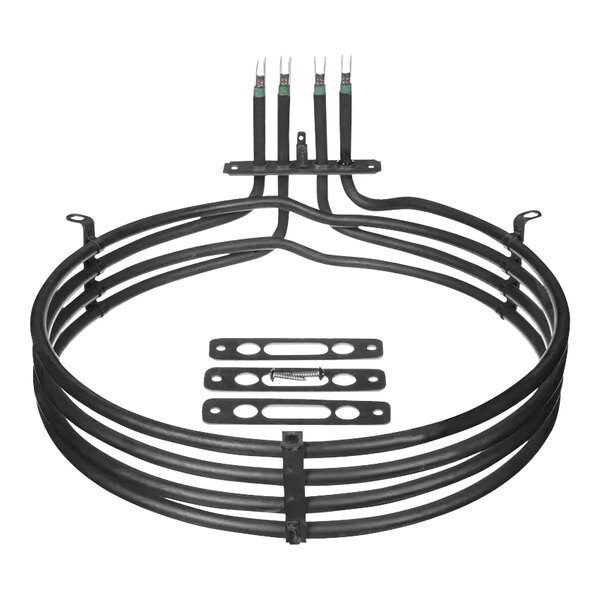 A circular black wire with three wires attached.