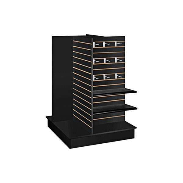 A black wood quad slatwall merchandiser with shelves.