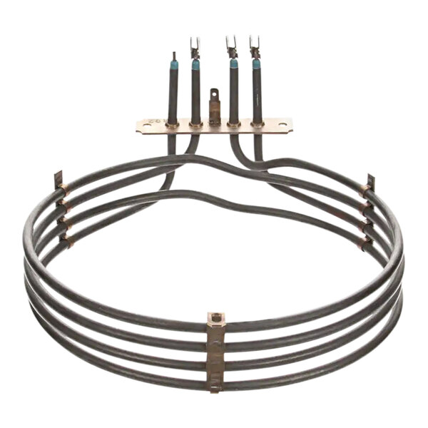 A Moffat oven element with three wires attached to a circular metal frame.