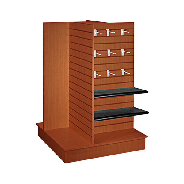 A 36" x 36" x 54" Cherry Wood Slatwall Display with Shelves.