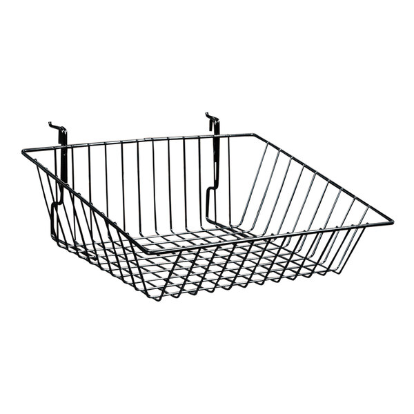 A black wire multi-purpose slanted basket for slatwall displays with a hook.