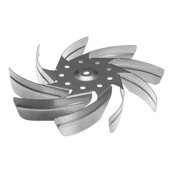 A metal fan blade with holes.