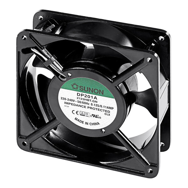 A black and green Moffat cooling fan with a white label.