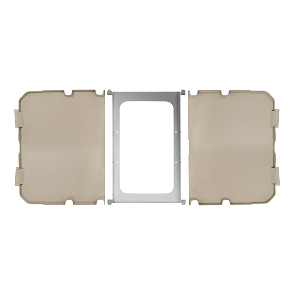 A white rectangular plastic cover with a metal frame and two holes.