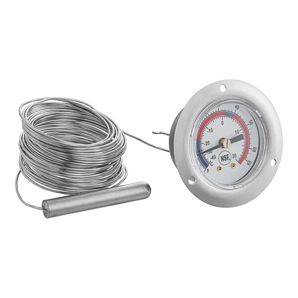 A Miljoco flush mount vapor dial thermometer with a wire around it.