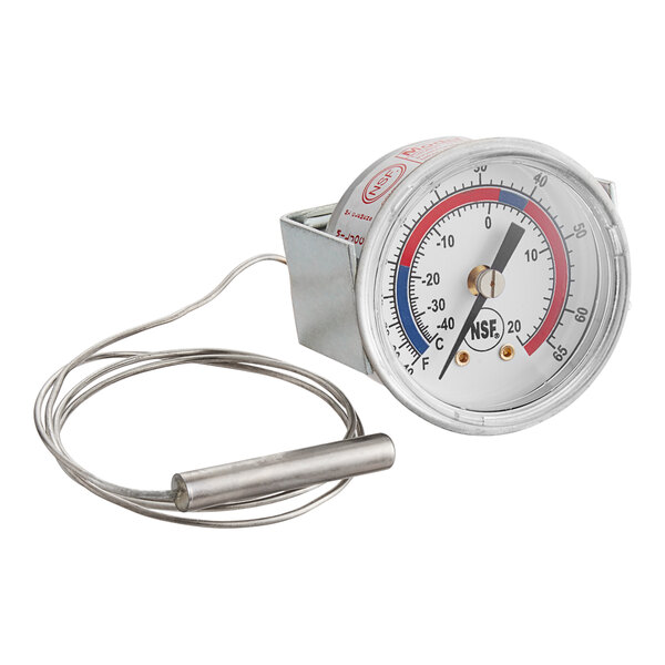 A Miljoco flush mount vapor dial thermometer with a wire attached.