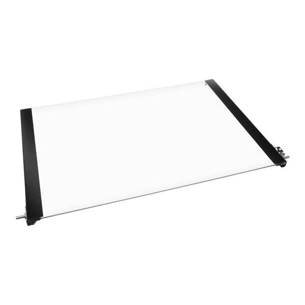 A white rectangular glass door with black edges.