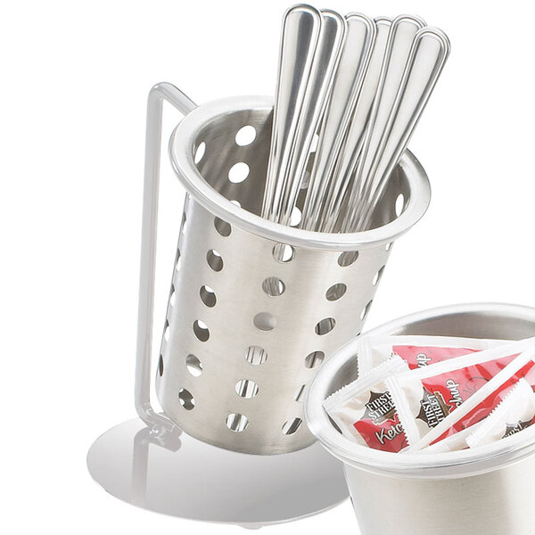 A Cal-Mil silver metal frame with perforated stainless steel cylinder holding utensils.