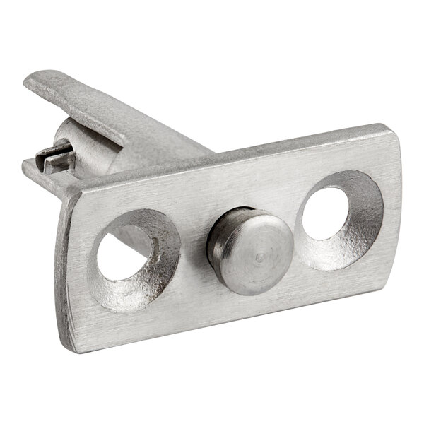 A stainless steel Moffat microswitch button with two holes.