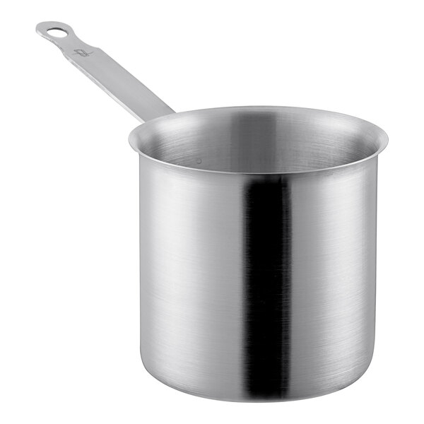 A Matfer Bourgeat stainless steel pot with a handle.